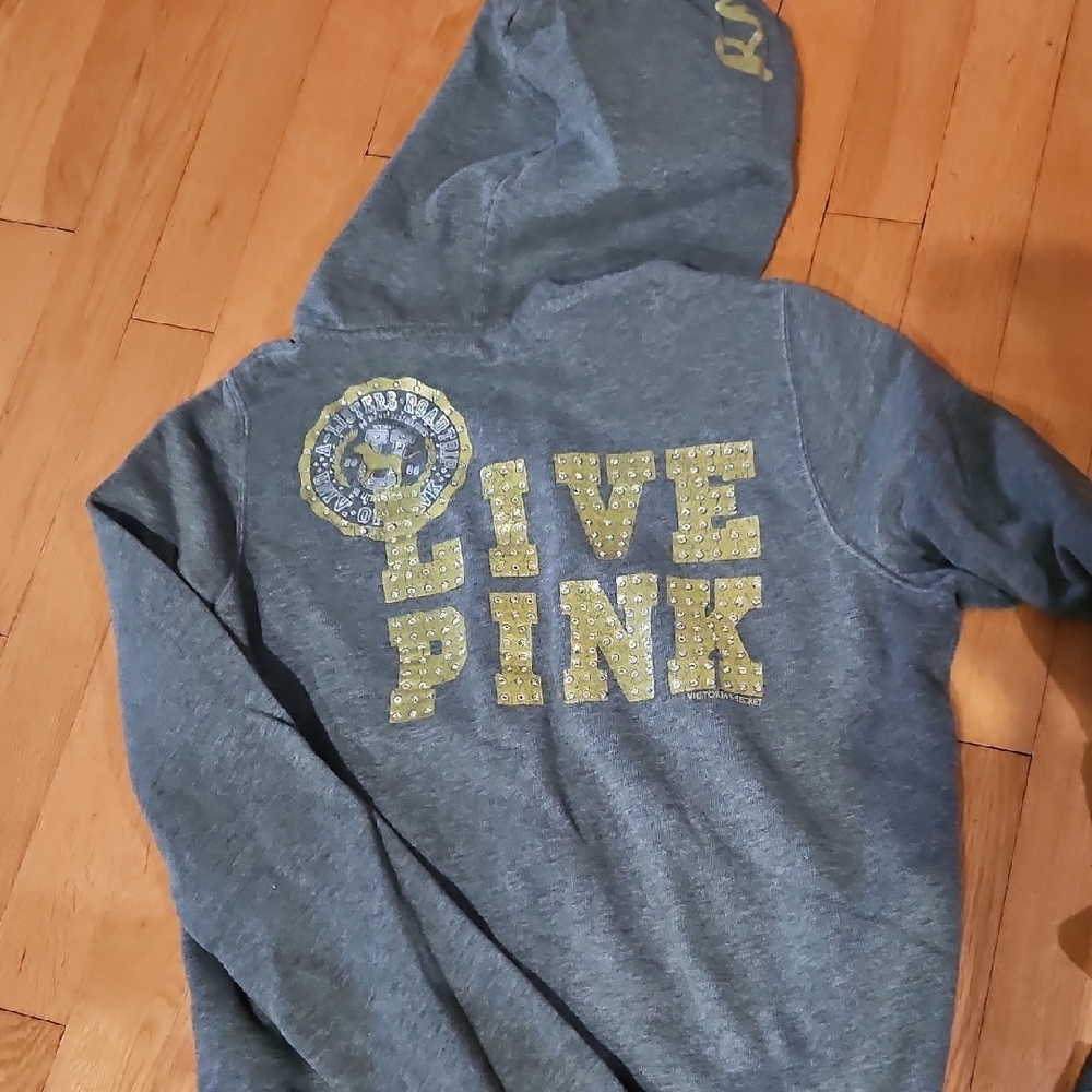 PINK Victoria's Secret Gray witj Gold Zip-up Hoodie with